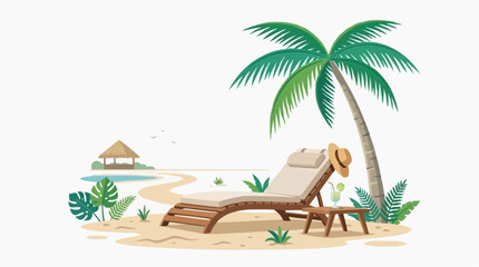 Obraz premium Tropical beach scene with palm tree lounge chair and drink