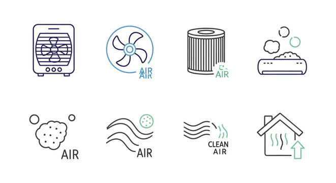 Air treatment and purification icons set representing clean air