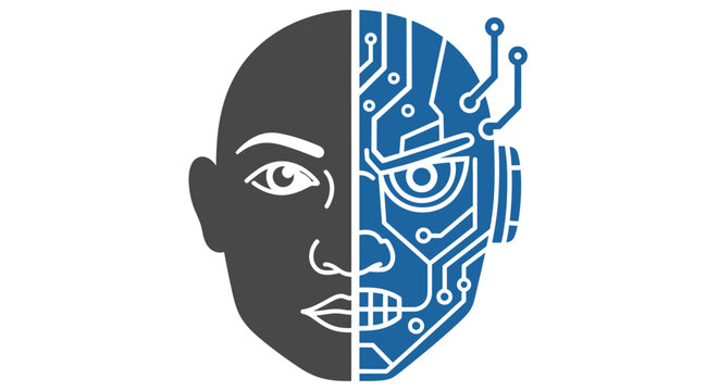 A split face showing a human side and a robotic side with circuit patterns