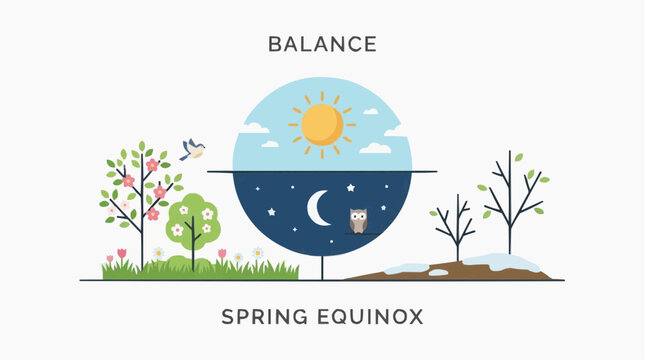Spring Equinox Balance Day and Night with Sun Moon Owl and Blooming Trees