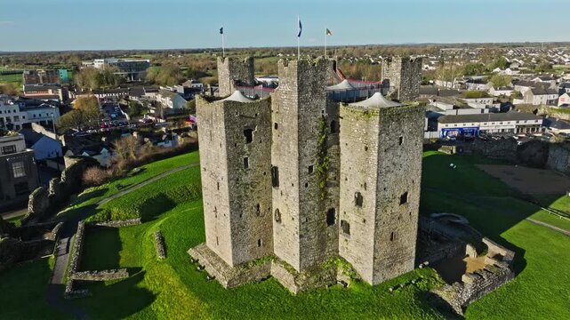 Circular aerial motion over Trim Castle emphasizing symmetry.
