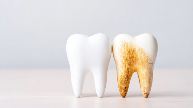 Healthy tooth model standing next to decayed dental model, symbolizing oral hygiene and dental problems