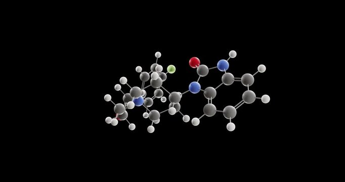 Benperidol molecule, rotating 3D model of neuroleptic agent, looped video on a black background
