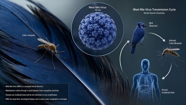 Scientific diagram showing the west nile virus transmission cycle between mosquitoes, birds, and humans, representing epidemiology and vector-borne disease