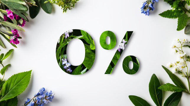 White background with a large 0% symbol filled with green leaves and purple flowers, botanical texture inside typography, clean artistic composition