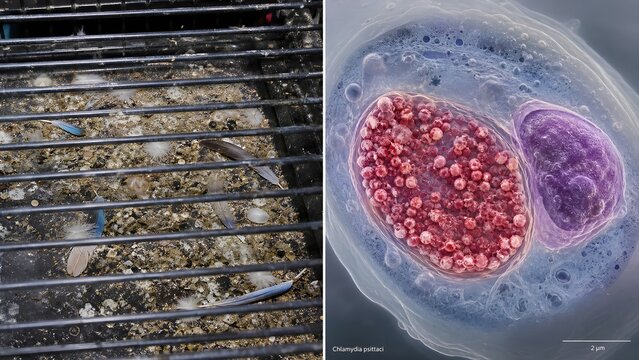 Bird cage with dirty droppings and a magnified illustration of chlamydia psittaci bacteria, representing avian disease, psittacosis, and public health risks