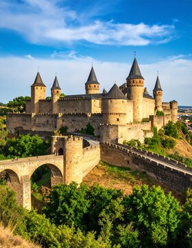 Medieval castle perched on a hilltop, bathed in sunlight