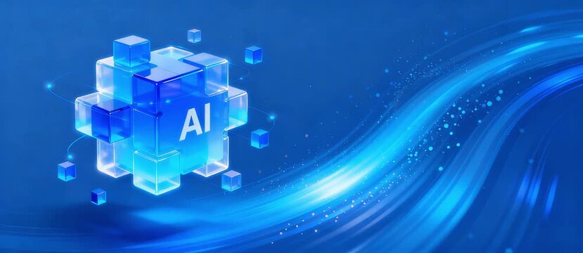 Abstract digital representation of Artificial Intelligence technology with interconnected glowing blue cubes and dynamic data flow, symbolizing innovation, computing, and the future of smart systems