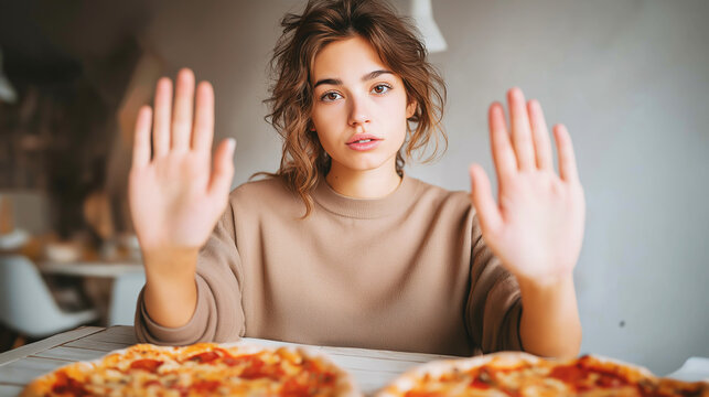 Young woman refusing pizza, making stop gesture with both hands, concept of diet and healthy eating