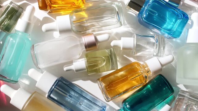 Glass cosmetic bottles with pipette for serum, extract, aromatic, essential oil and emulsion. Cosmetics skincare. Cosmetic spa. Sample of packaging for design, beauty product, advertising. 4k
