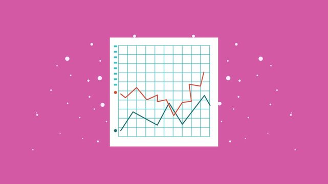 Animated line graph showing financial growth and stock market fluctuations on pink background.