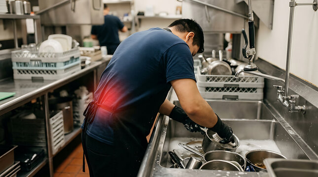 Kitchen worker with severe lower back pain from prolonged dishwashing. Occupational hazard and physical strain concept.