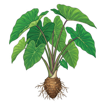 Taro Plant with Broad Green Leaves, Corm, and Extensive Root System on White Keywords: taro, plant, corm, image downlod