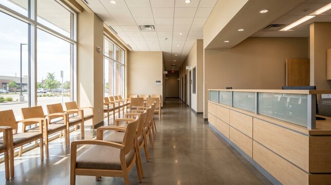 modern clinic interior, empty waiting area with clean chairs and reception desk