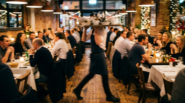 Busy restaurant scene: Waiter carrying a tray of food through a crowded dining room filled with people enjoying a meal