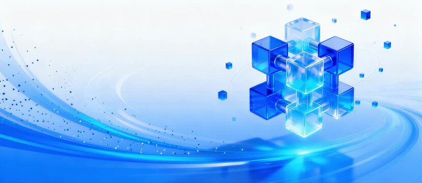 Abstract blue cubical structure representing digital innovation, data networking, and technological advancement, set against a dynamic flowing light background