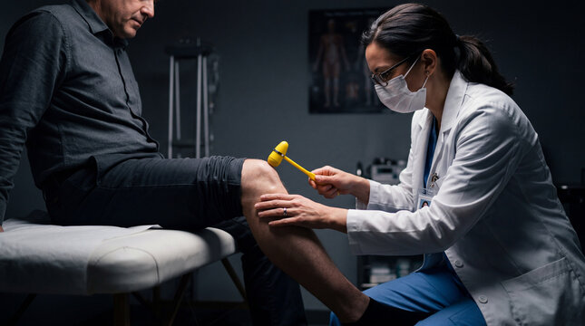 Masked female doctor testing knee reflex with hammer on male patient in dark clinic