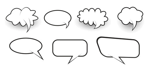 Fototapeta premium Set of retro comic speech bubbles with halftone shadows and various shapes for dialogue, thoughts, and expressive cartoon communication.
