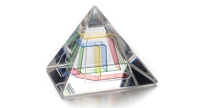 Crystal glass pyramid prism with colorful inner reflections isolated on white background