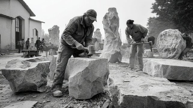 Sculptors chiseling stone in outdoor yard, dust flying, International Labour Day mallet head stamp, monumental art labor, rugged forms