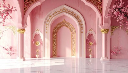 Naklejka premium Pink palace hall with arches, golden ornamentation, blossom trees, and marble floor