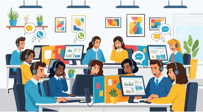 Dynamic illustration of a bustling call center. Diverse agents provide active customer support and communication, ensuring efficient helpline and collaborative teamwork