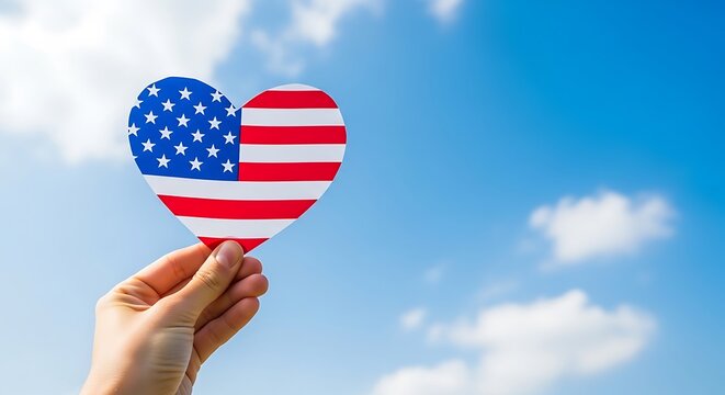 4th of july american flag heart held against blue sky with clouds