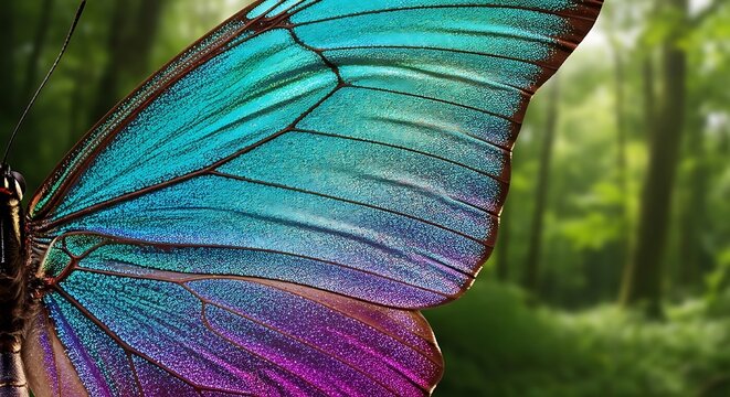 A close-up view of a vibrant butterfly wing displaying a stunning gradient of blue, teal, and purple against a softly blurred forest background