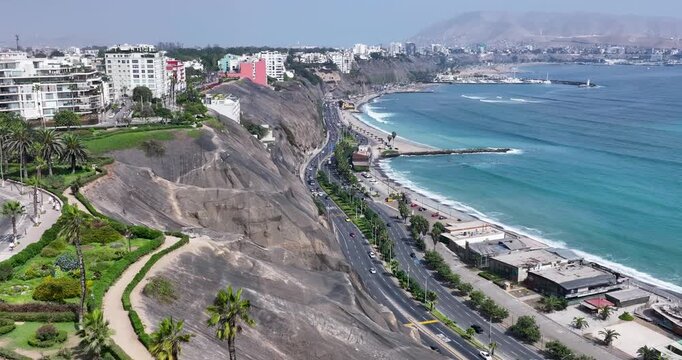 Miraflores Skyline In Lima Metropolitan Region Peru. Aerial View Of A Bustling City With High-Rise Buildings And Traffic. Shore Sky Beach Sea. Shore Seaside Travel. Lima Metropolitan Region.