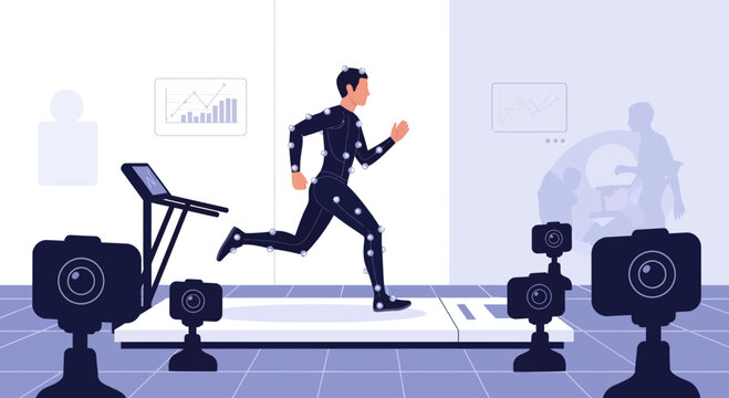 Motion capture athlete running on treadmill, 3D animation, sports science, technology