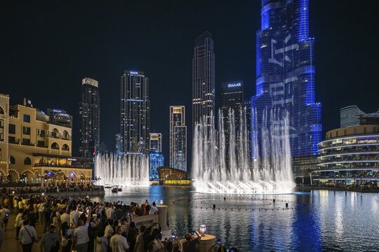 Fountain Dubai Fountain, water show at night, Dubai, United Arab Emirates