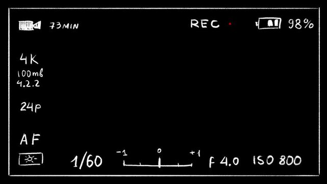 Camera recording interface screen for overlay. Fully Hand drawn animation for creative usage showing settings iso fps and other. 