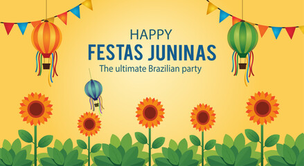 Festas juninas celebration background with sunflowers and paper lanterns traditional brazilian june festival party invitation or greeting card design © Bidhan