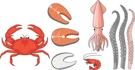 Seafood vector collection. Crab, salmon slices, squid, shrimp, and octopus tentacles. Flat vector illustrations ideal for culinary projects, menus, food graphics, and educational materials. © ALINA