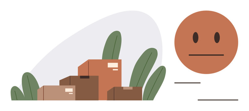 E-commerce, supply chain, shipping, delivery, logistics, customer feedback. Cardboard boxes stacked near leaves and neutral emotion face. E-commerce and customer feedback concepts
