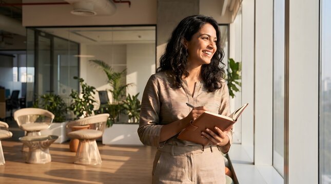 Positive professional woman smiles while holding a notebook, looking out a sunny office window, reflecting on future goals and career development
