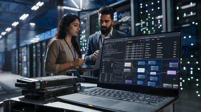 Two IT professionals in a modern data center examining a laptop screen displaying complex system data and network architecture diagrams