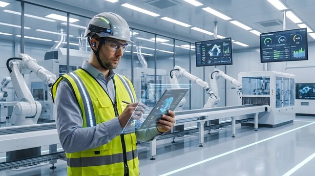 Expert engineer utilizing innovative digital interface for precision control and performance optimization of advanced robotic systems in a high-tech smart manufacturing environment