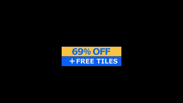 A rectangular promotional banner featuring sixty nine percent off and free tiles text in yellow and blue colors isolated on a black background for retail marketing campaigns