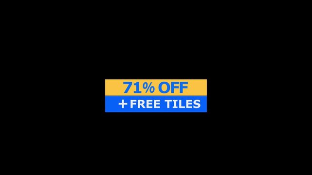 Seventy one percent off promotional banner with blue and yellow rectangles and white text on a black background for retail sales and marketing campaigns
