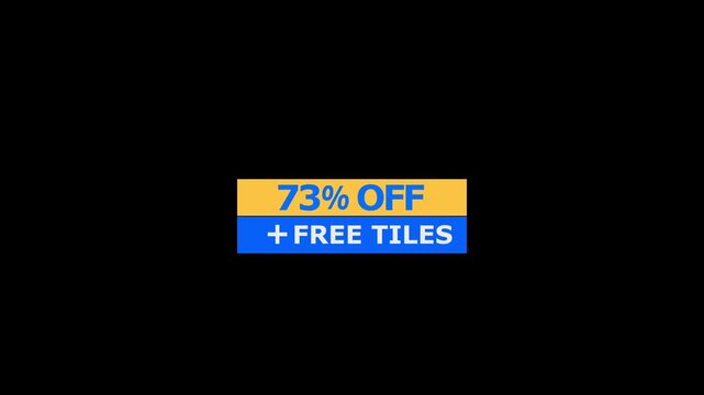 Seventy three percent off promotional banner with blue and yellow rectangles and white text on a black background for retail sales and marketing campaigns