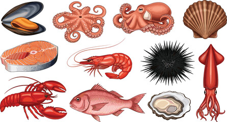 Realistic seafood vector collection. Red lobster, octopus, and fresh salmon steak icons. Sea urchin, oysters, and squid isolated on white background for menu design. © ALINA