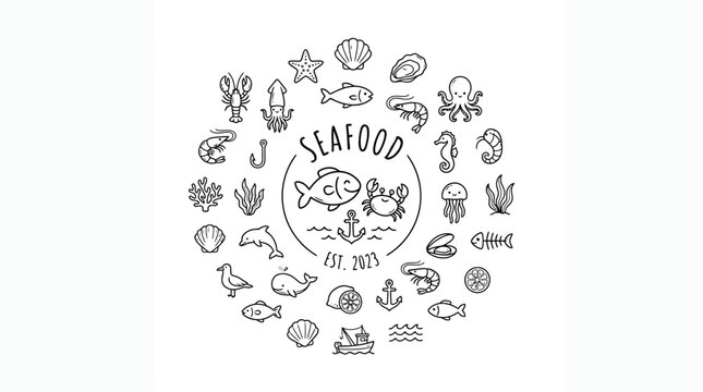 Seafood logo with various fish icons.
