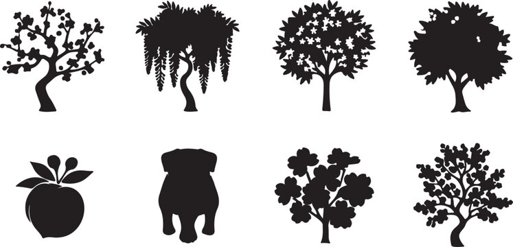 Black silhouettes of trees and plants in various shapes and sizes leaves botanical shapes des