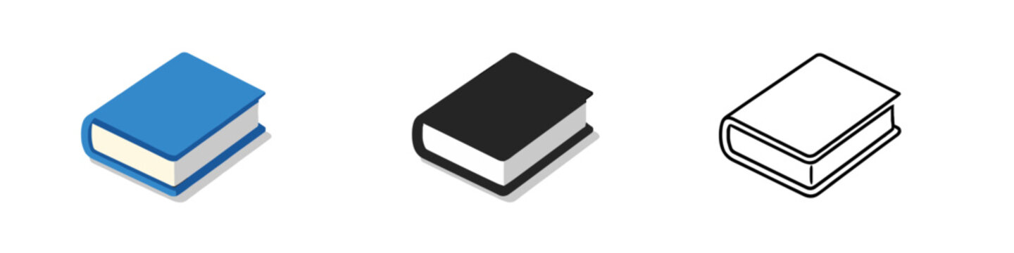 Collection of three isometric book icons in blue, black, and outline styles