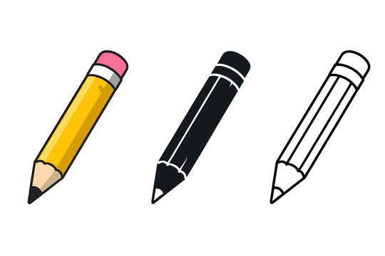 Collection of three pencils: colored, silhouette, and outline, on a white background