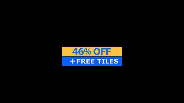 A horizontal rectangular banner featuring forty six percent off text in blue on a yellow background with plus free tiles text in white on a blue background isolated on black
