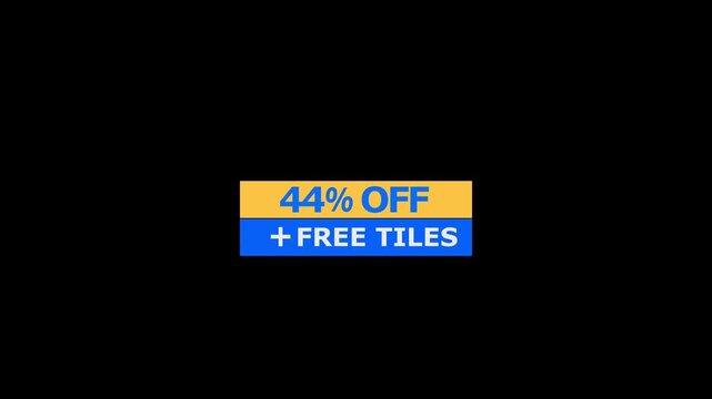 A rectangular promotional banner featuring forty four percent off plus free tiles text in blue and yellow colors isolated on a black background for marketing and retail sales campaigns