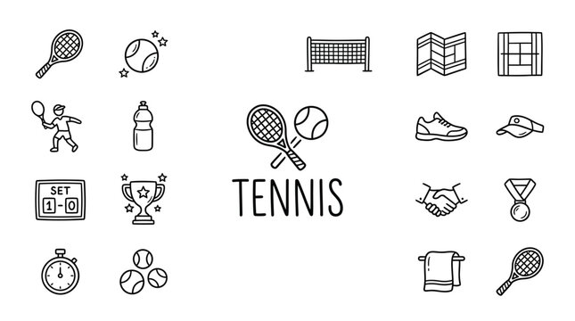 Tennis Racket and Ball Icons Set.