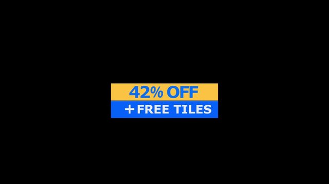A rectangular promotional banner featuring forty two percent off plus free tiles text in blue and yellow colors isolated on a black background for marketing and retail sales campaigns
